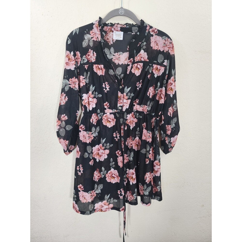 SirenLily Maternity Womens M Dress Black Pink Floral Sheer Tunic Roll Tab Sleeve